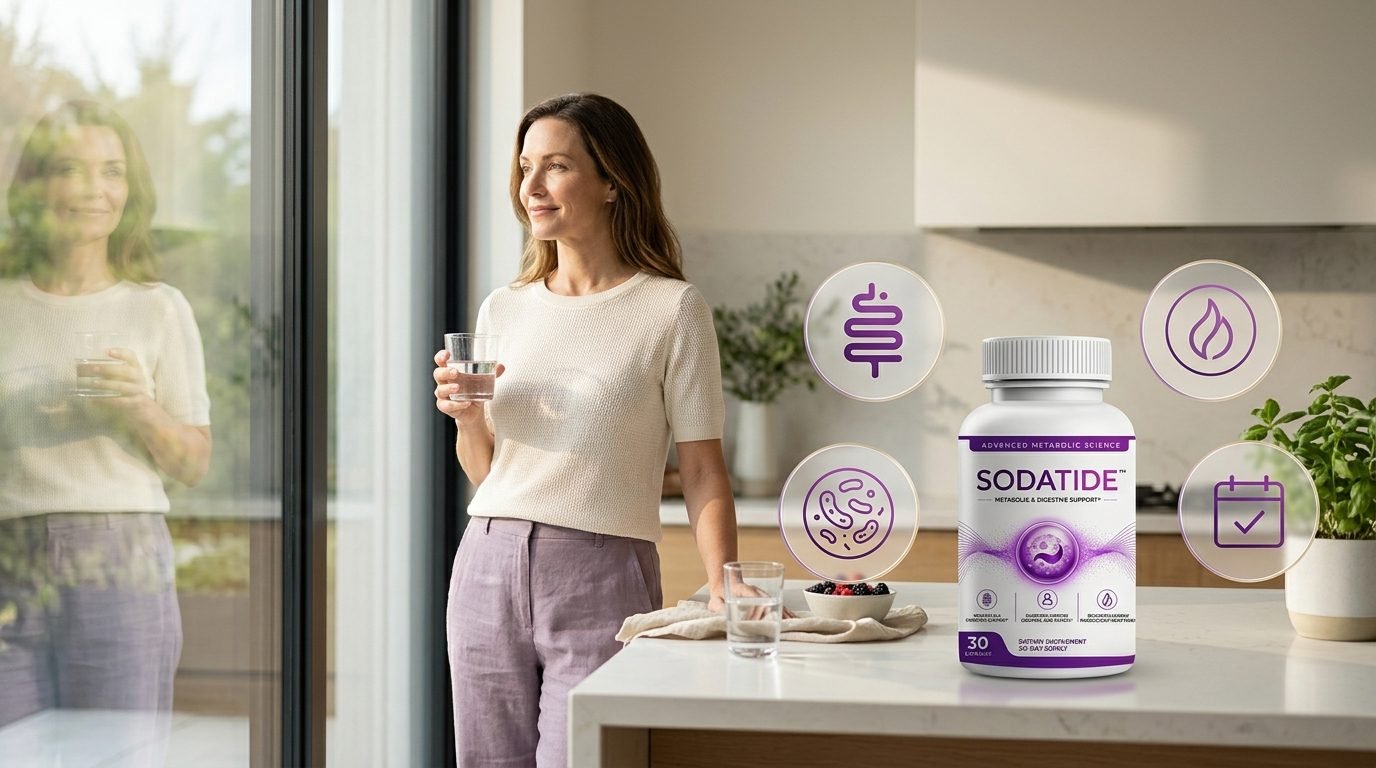 Smiling woman with SodaTide in kitchen